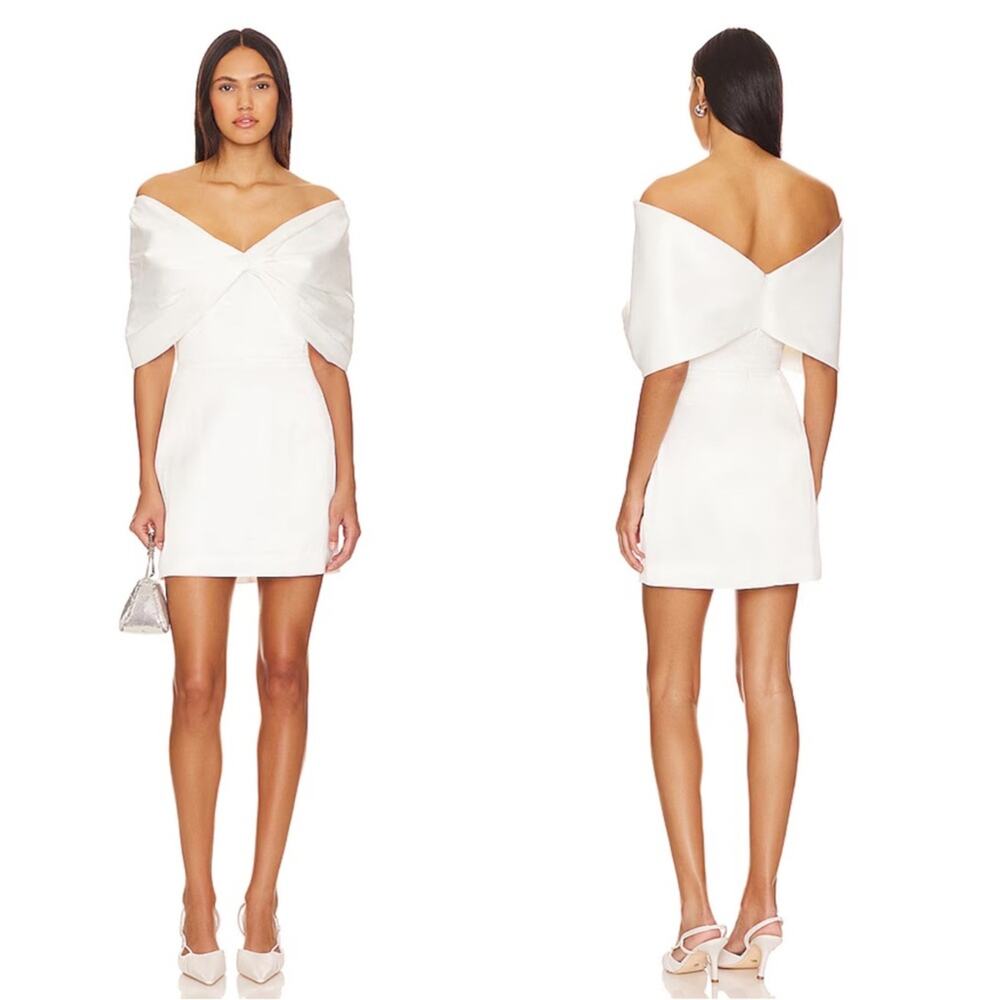 SAU LEE Paola Off the Shoulder Twist Bow Satin White Mini Dress Size 4